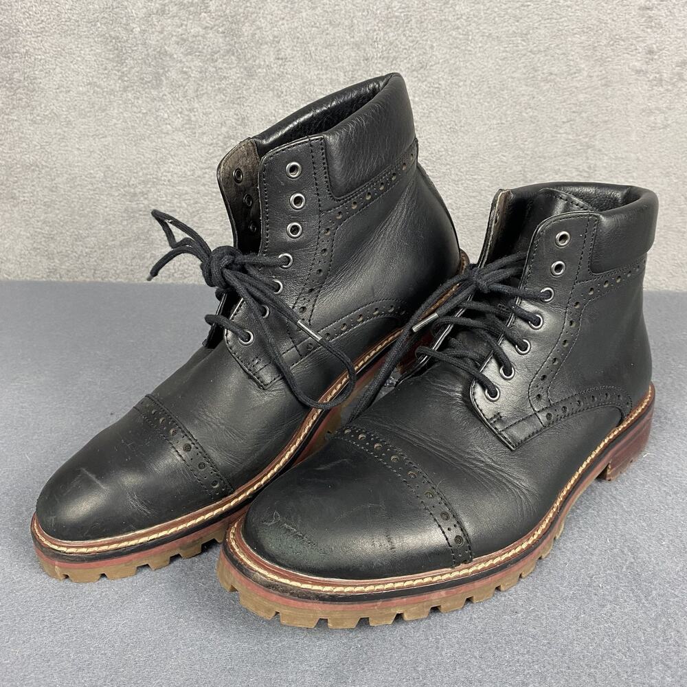 Warfield & Grand Boots Mens Size 8 Black Portola Leather Brogue Lace Up Lug Sole
